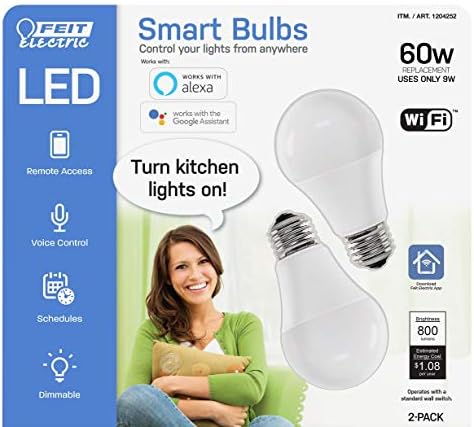 Електрически Led лампи FEIT Smart Wi-Fi LED С Регулируема Яркост, Променящи Цвета, Мощност 60 W, 2-pk White
