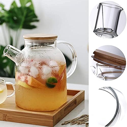 Стъклена Кана за вода Acoode с бамбук капак, Кана за Вода студена Голям Капацитет, с Филтър за Гореща/Студена вода и студен чай (1800 мл /60 грама)