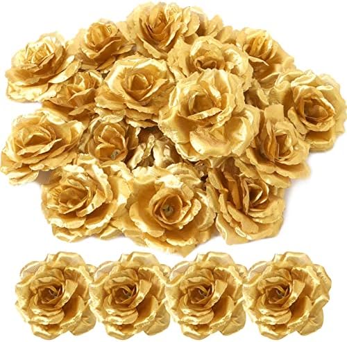 Yzyil 30 Опаковка Изкуствени Златни Рози, Цветя, Цъфтеж Коприна Корона Рози, Златни Изкуствени Копринени Рози