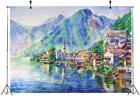 Loccor 10x8ft Текстилен Фон за Планинско езеро, Акварелни Фонове За рисуване, Зелени Хълмове, Село Hallstatt,