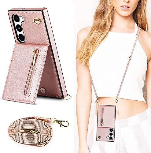 Ephoou, Женски чантата си през рамо, калъф за Samsung Galaxy S23 с държач за карти, Подвижна презрамка, Калъф-чанта за Samsung Galaxy S23, калъф за телефон с цип, Розово Злато