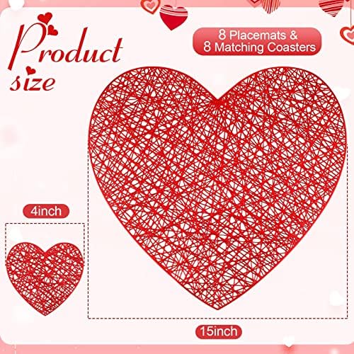 8 Комплекта Червени Салфетки със Сърца на Св. Валентин и Подходяща Поставка От Метал Пресована PVC, Моющееся